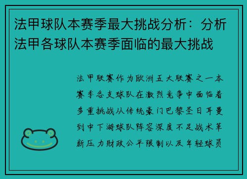 法甲球队本赛季最大挑战分析：分析法甲各球队本赛季面临的最大挑战