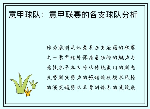 意甲球队：意甲联赛的各支球队分析