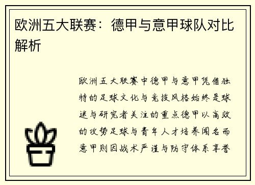 欧洲五大联赛：德甲与意甲球队对比解析